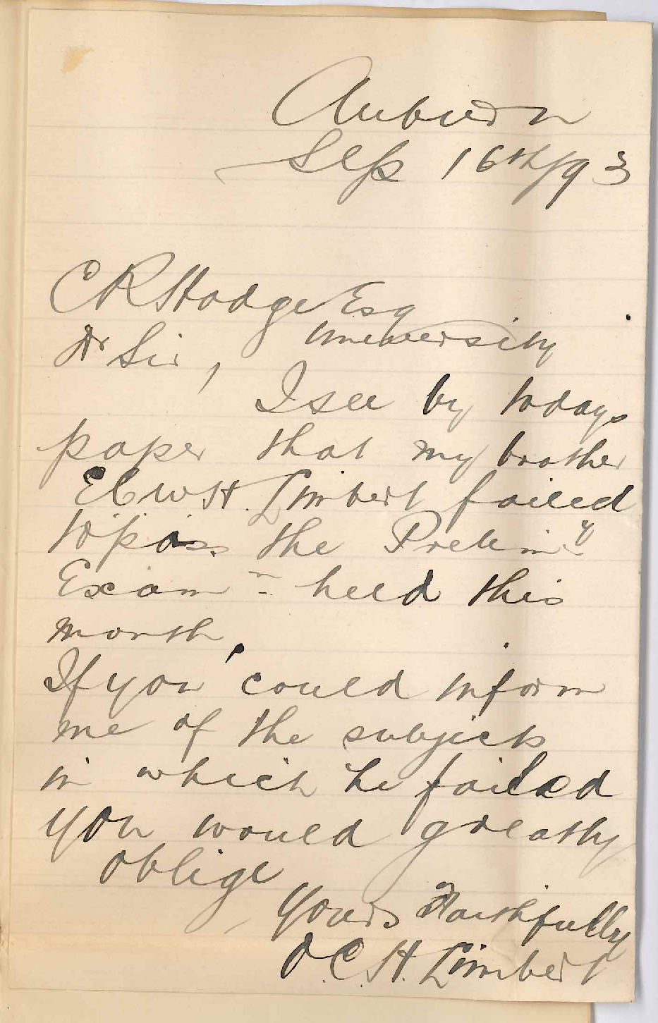 O C H Limbert - Auburn - Subjects E C W H Limbert [Brother] Failed in Preliminary Examination