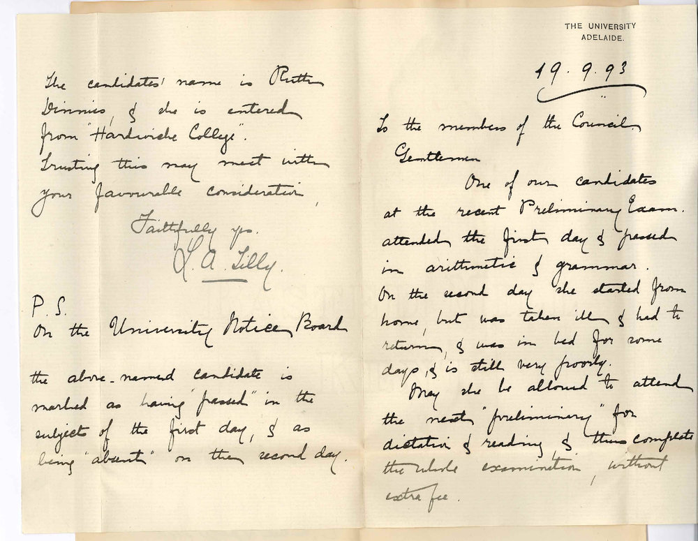 Miss Lucy Agnes Tilly - Hardwicke College - East Adelaide - Regarding Pupil and Preliminary Exam September 1893