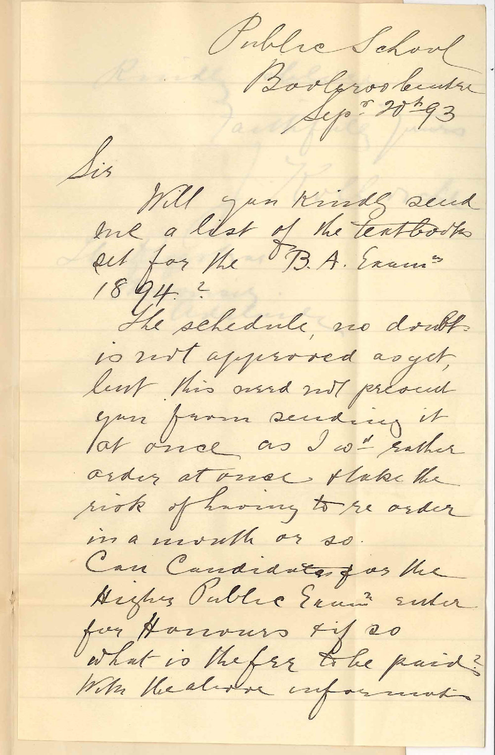 John Kollosche - Public School - Booleroo Centre - Requests Details of Subjects BA Exam 1894