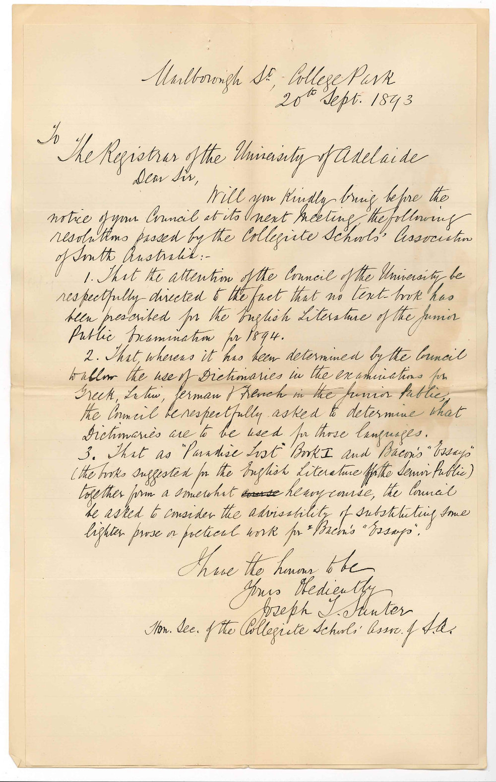 Joseph T Sunter - Honorary Secretary - Collegiate Schools Association - College Park - No Textbook Prescribed for English Literature Junior Public Exam 1894 etc