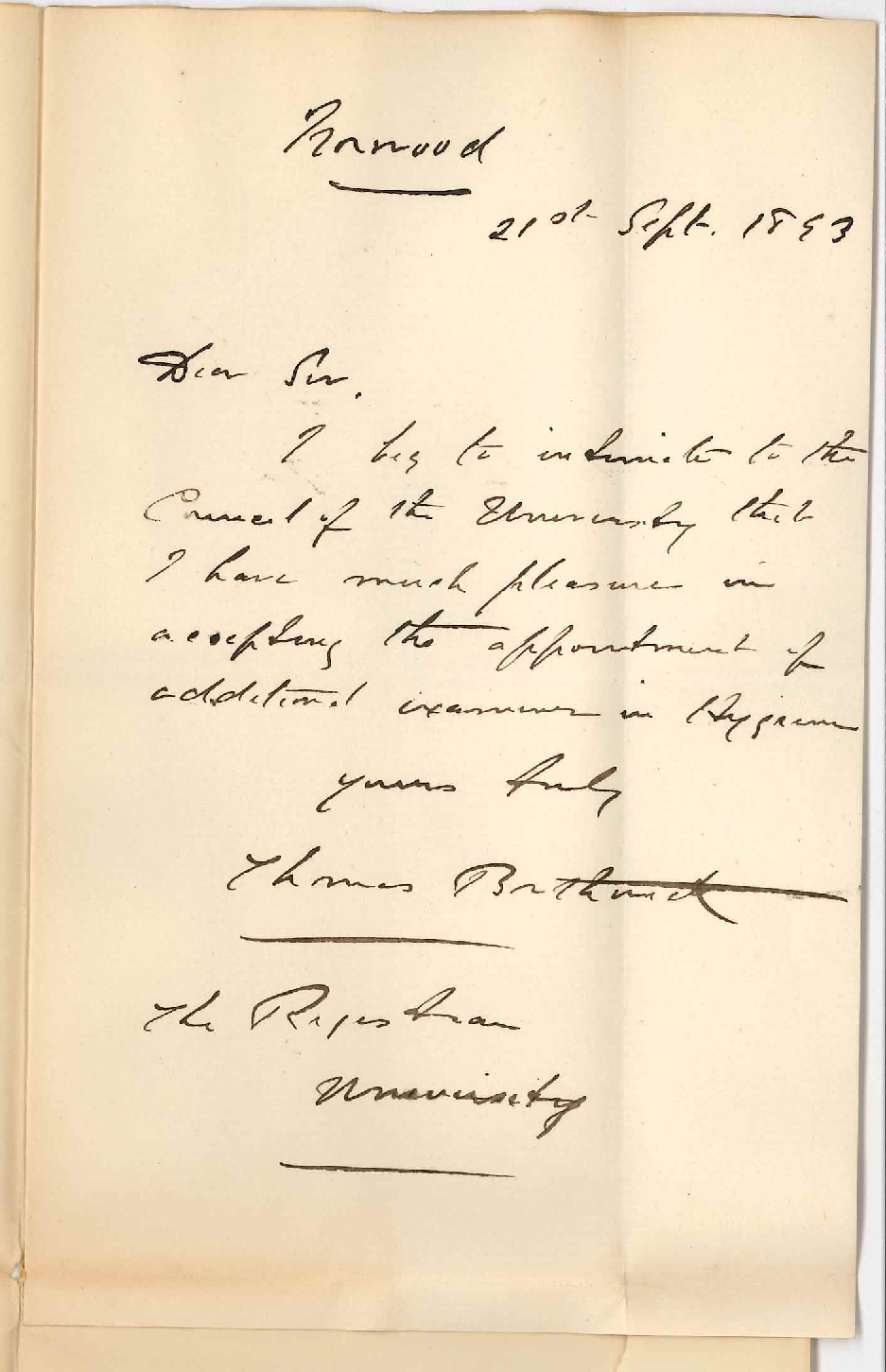 Dr Thomas Borthwick - Norwood - Act as Examiner in Hygiene Fifth Year MB November 1893