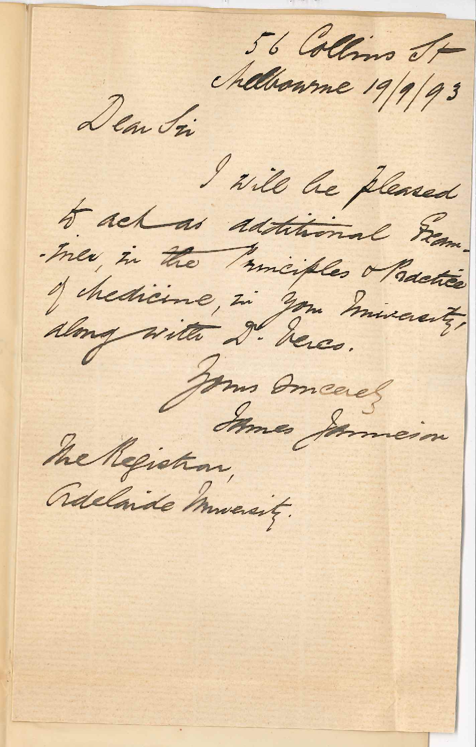 Dr James Jamieson - Collins Street Melbourne - Act as Examiner Principles and Practice of Medicine Fifth Year MB November 1893