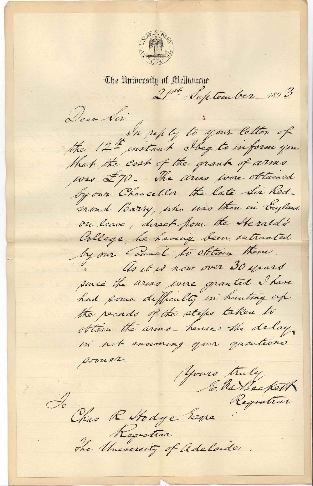 Edward Fitzhaley a'Beckett - Registrar - University of Melbourne - Cost of Grant of Arms
