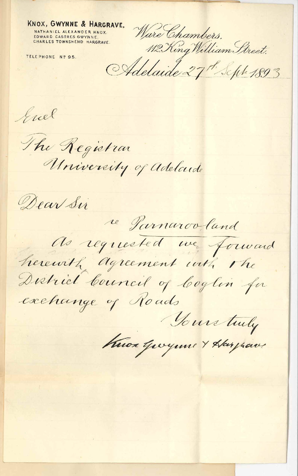 Knox Gwynne and Hargrave - King William Street Adelaide - Forwarding Agreement with District Council Coglin for Exchange of Roads