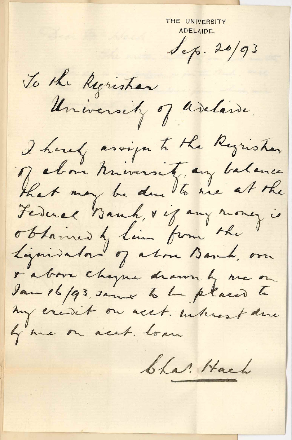 Charles Hack - Royal Exchange Adelaide - Assignment of Money at Federal Bank to University