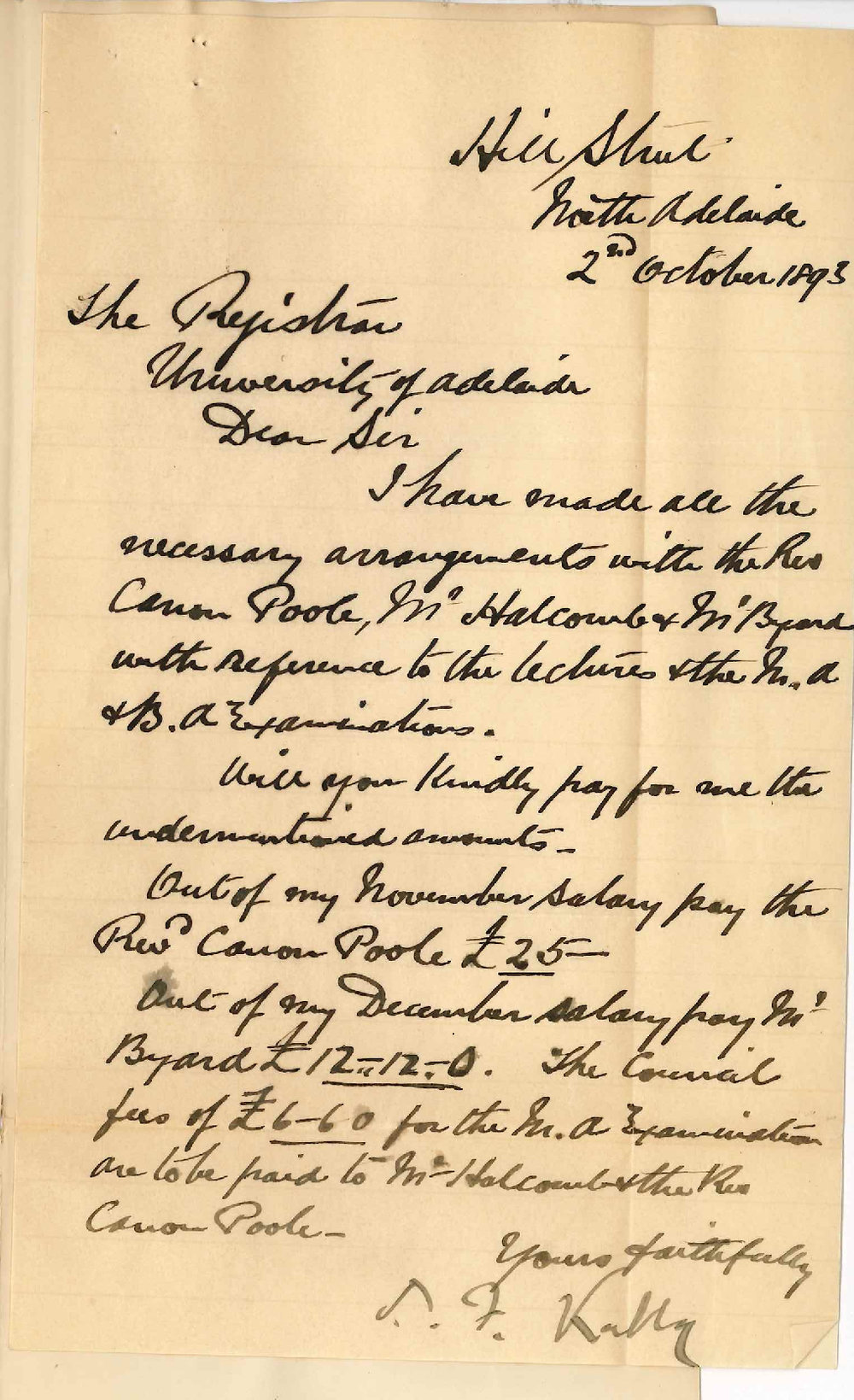Professor David Frederick Kelly - Hill Street North Adelaide - Instructions Regarding Payment of Salary During Absence etc