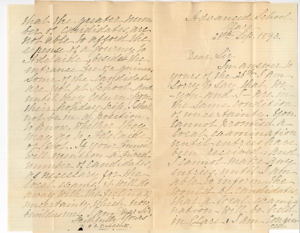 R H A Braddock - Advanced School Clare - Regarding Local Exams and Number Necessary to Form Ditto