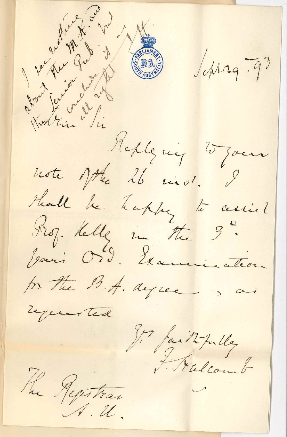 Frederick Halcomb - Parliament House - Adelaide - Will Act as Examiner November 1893
