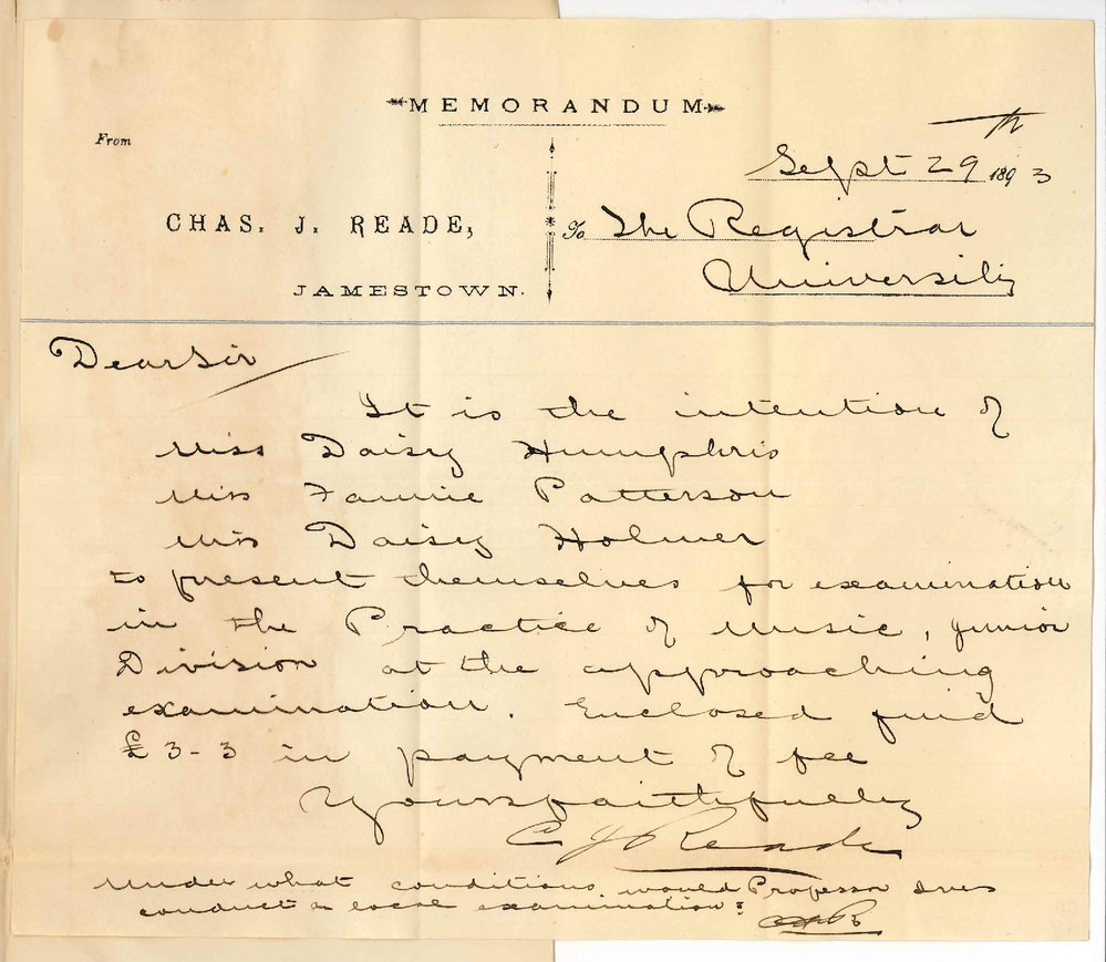 Charles J Reade - Jamestown - Entries Practical of Music November 1893