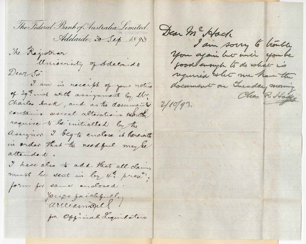 William Neil - Manager - Federal Bank Australia - Forwards Charles Hack's Assignment for Alterations to be Initialed