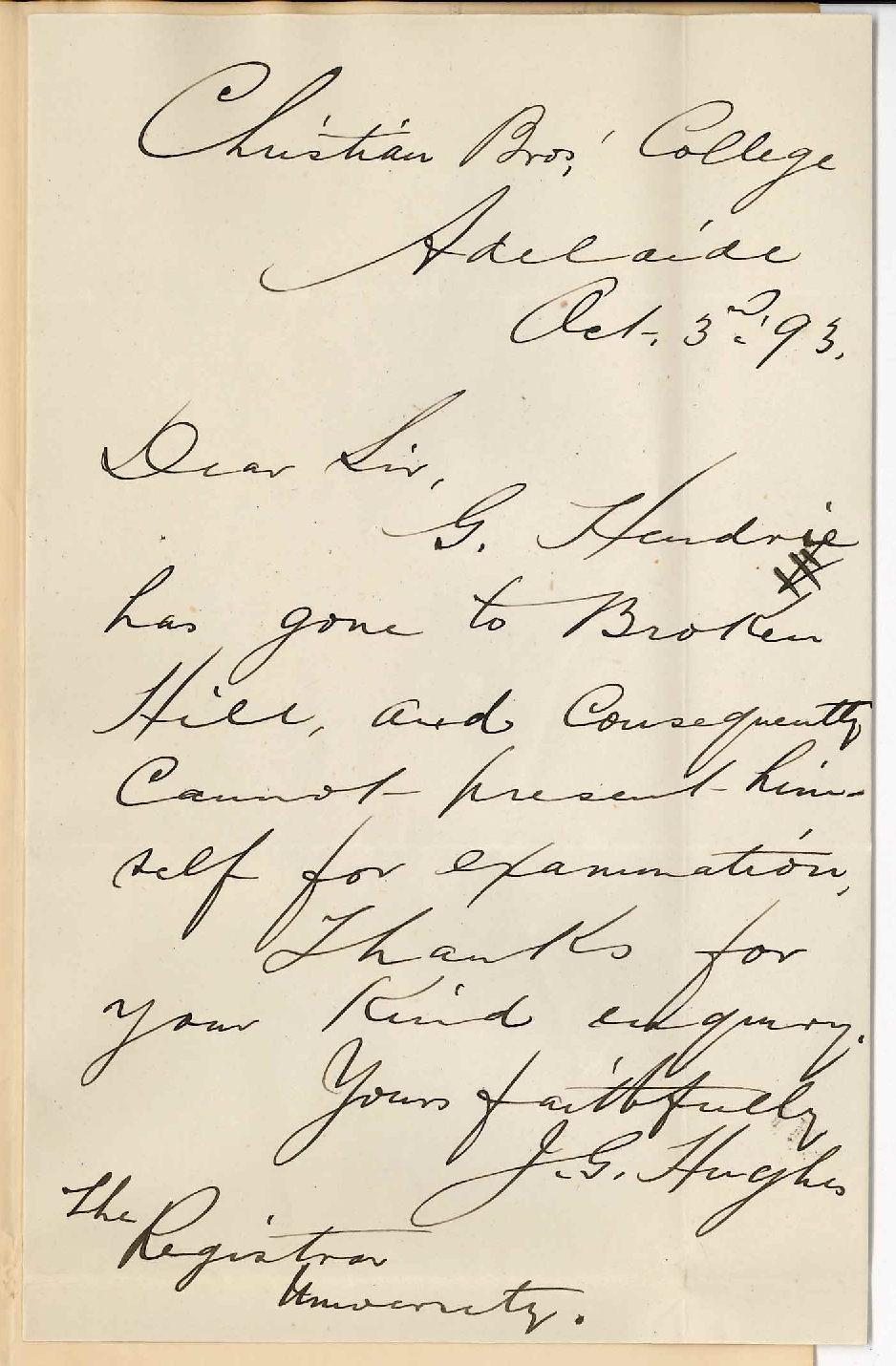 J G Hughes - Christian Brothers College - Withdraws G Hendrie Preliminary Exam - Fee to Credit