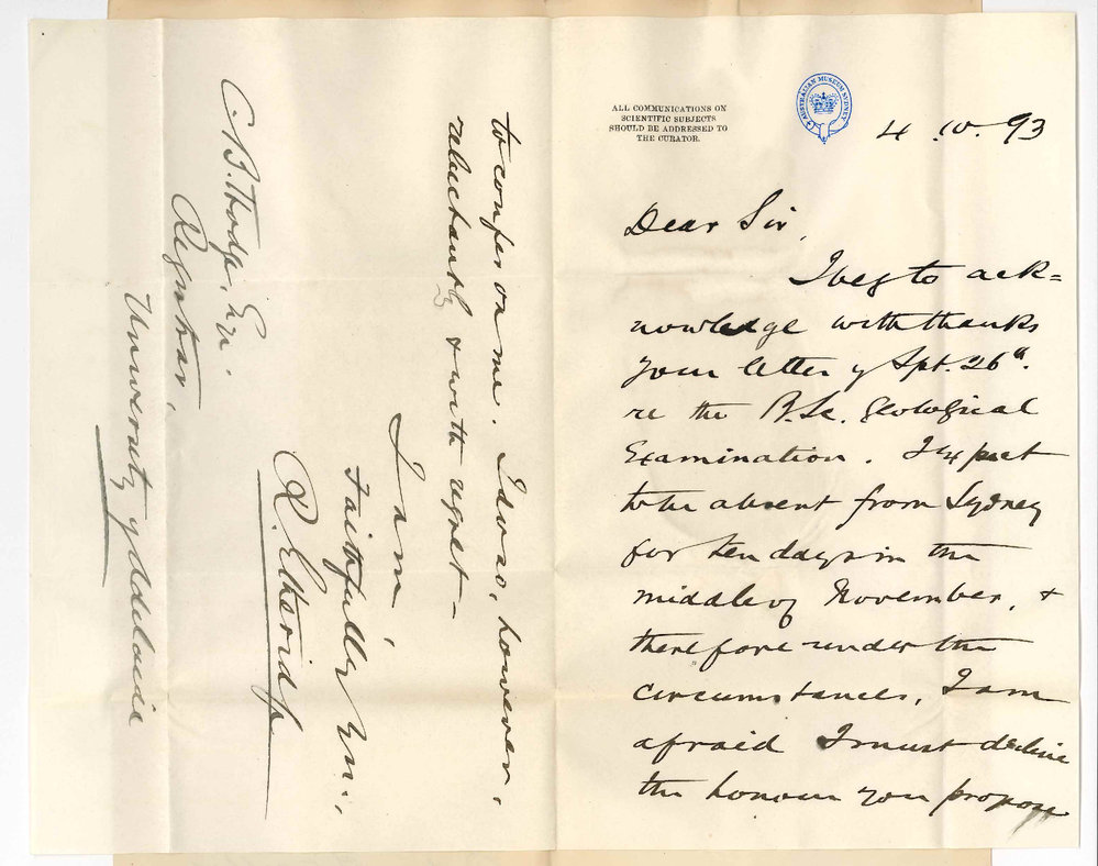 R Etheridge - Australian Museum - Sydney - Cannot Act as Examiner in Geology