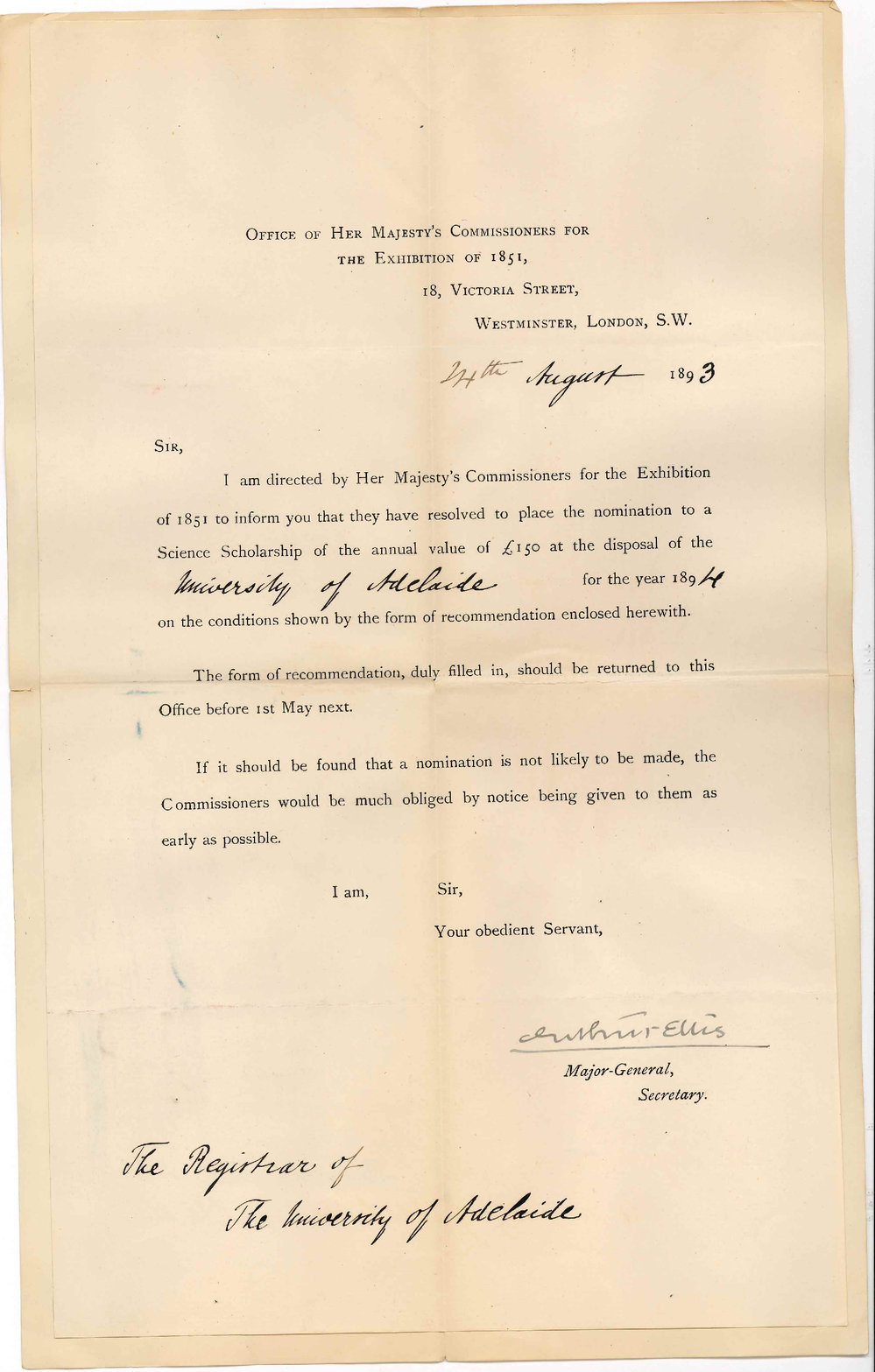 Arthur Ellis - Commissioners Exhibition 1857 - London - Nomination of Scholar for 1894