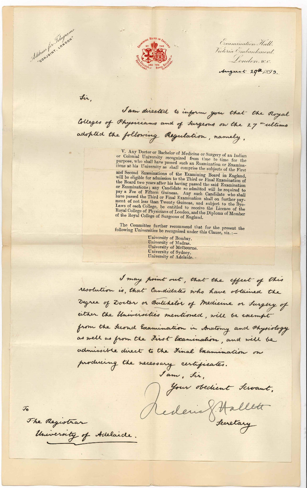 Frederic S Hallett - Secretary - Examining Board Royal College Physicians and Surgeons - Resolution to Admit Graduates in Medicine to Final Examination