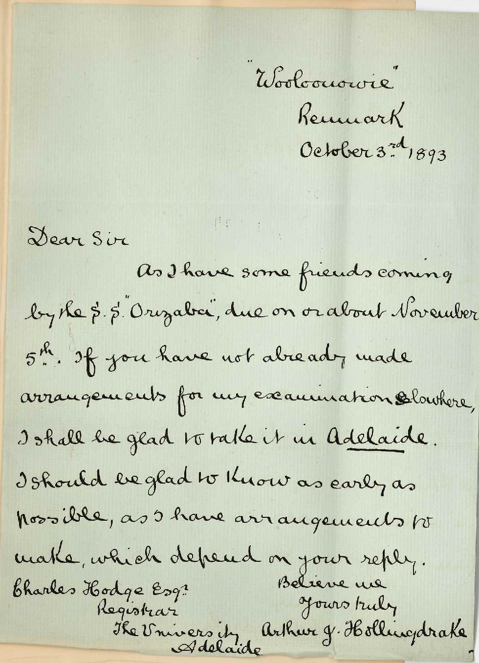 Arthur Joseph Hollingdrake - Renmark - Regarding Junior Theory Music Examination