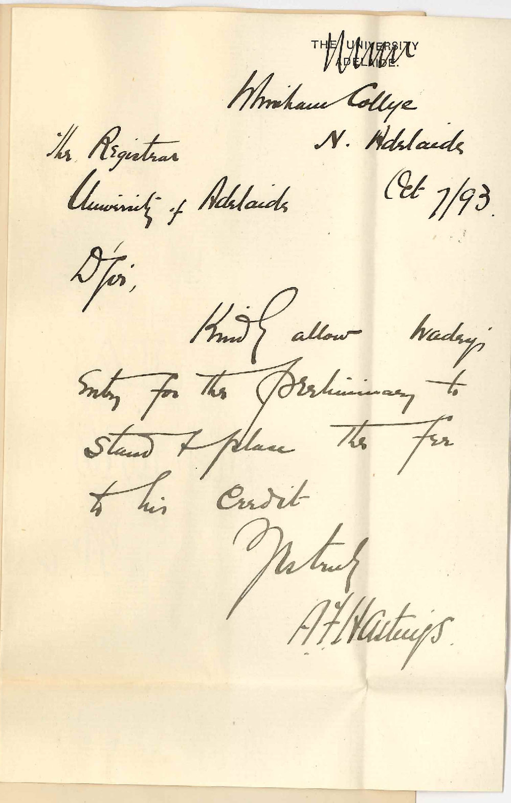 A F Hastings - Whinham College - North Adelaide - Withdraws Candidate from Preliminary Exam - Fee to Credit