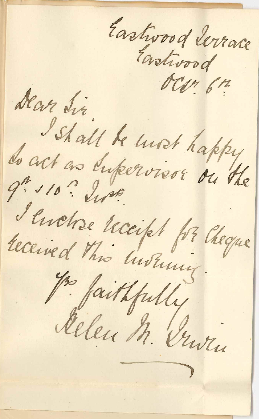 Mrs Helen M  Irwin - Eastwood - Act as Supervisor Supplementary Exam - Acknowledges Receipt of Cheque