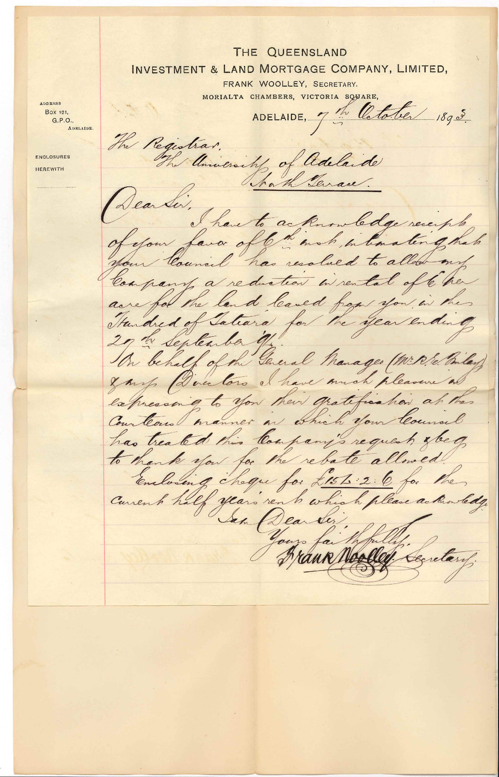 Frank Wooley - Secretary - Queensland Investment and Land Mortgage Company - Victoria Square Adelaide - Thanks Council for Reduction in Rent for Year Ending 27 September 1893