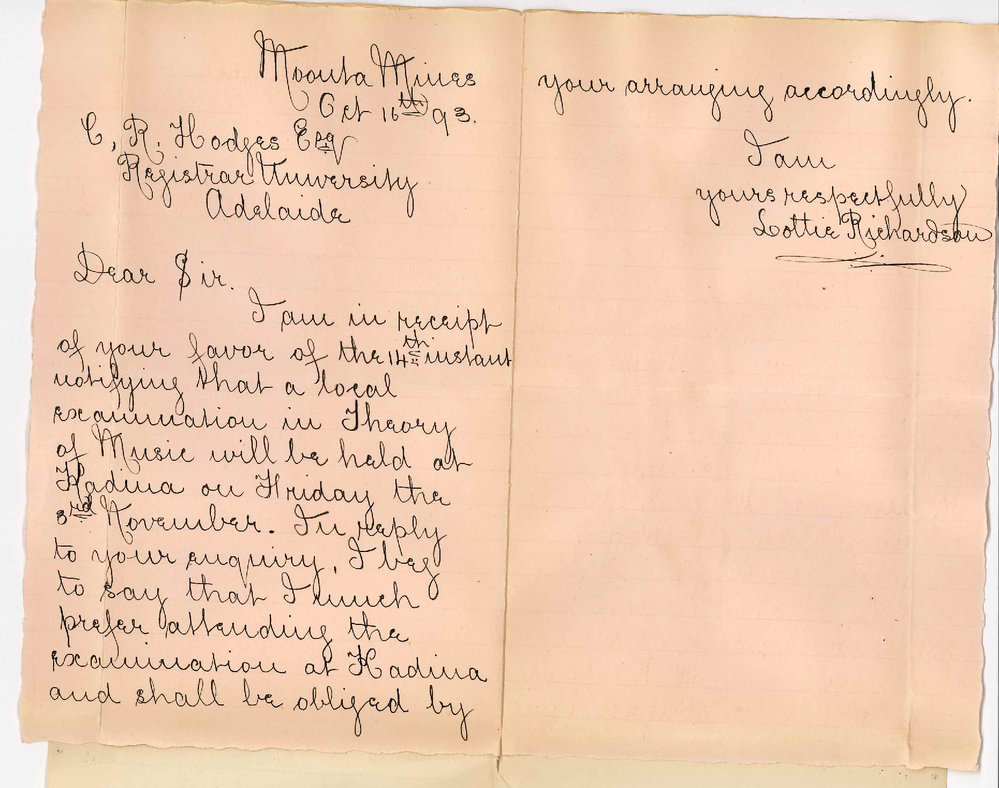 Miss Lottie Richardson - Moonta Mines - Will Attend Theory of Music Exam at Kadina