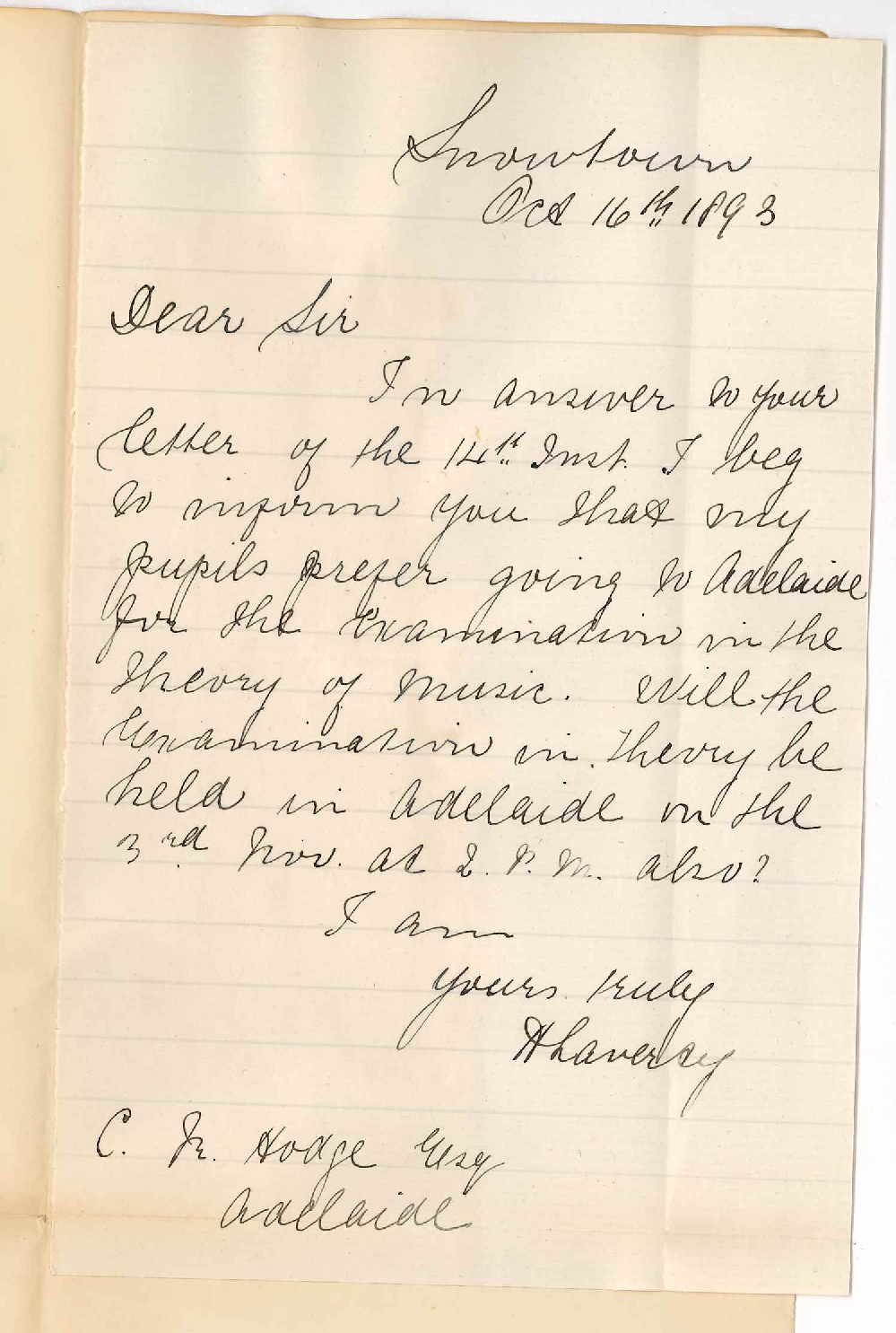 Miss H Laverty - Snowtown - Pupils Prefer Attending Theory of Music Exam at Adelaide