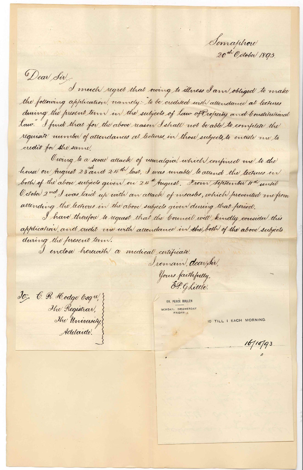 Egbert Percy Graham Little - Semaphore - Credit for Attendance of Lectures Law of Property and Constitutional Law