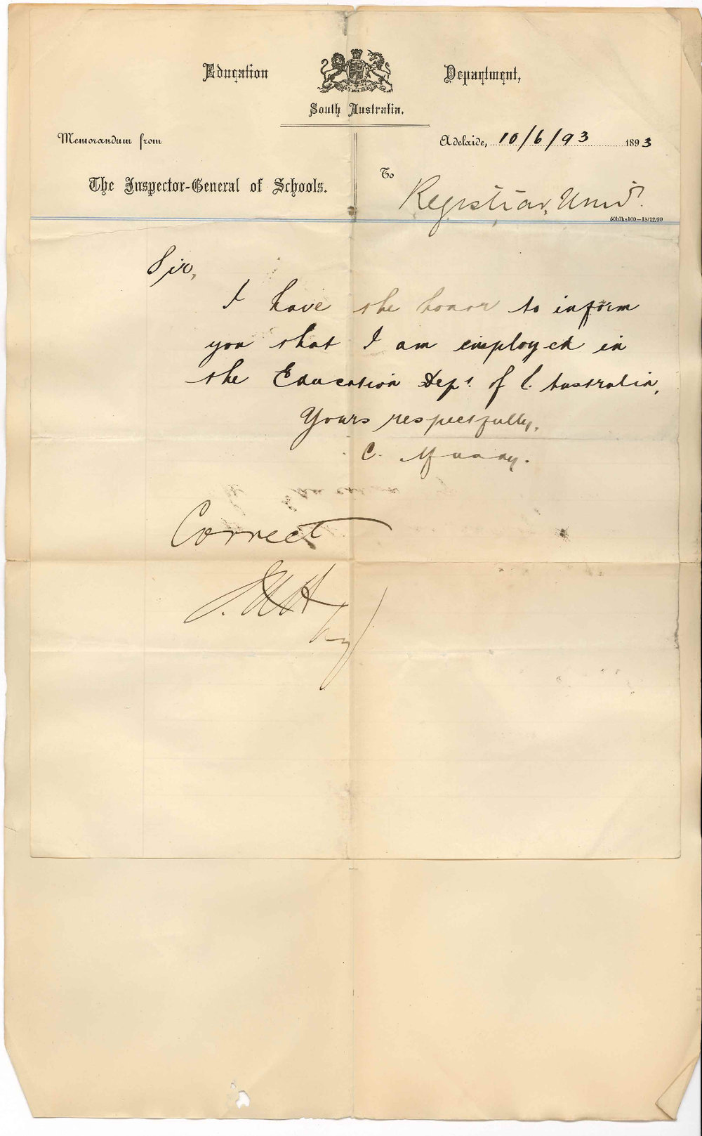 Inspector General of Schools - General Post Office Adelaide - Certifying Mr C Mundy is a Teacher in the Education Department