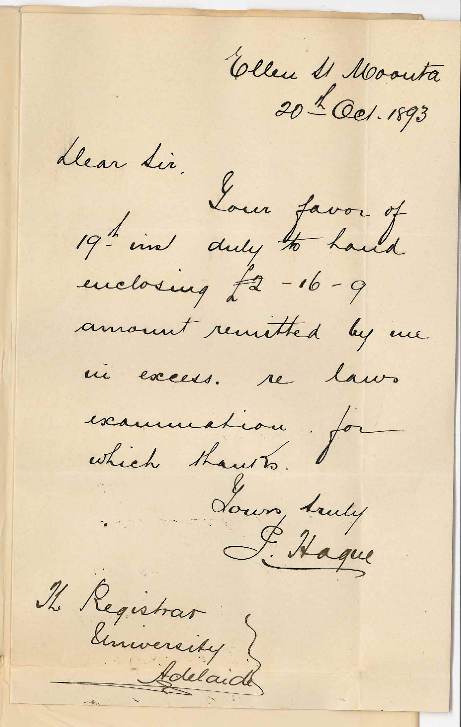 Percy Hague - Moonta - Acknowledgement of Money and Receipt