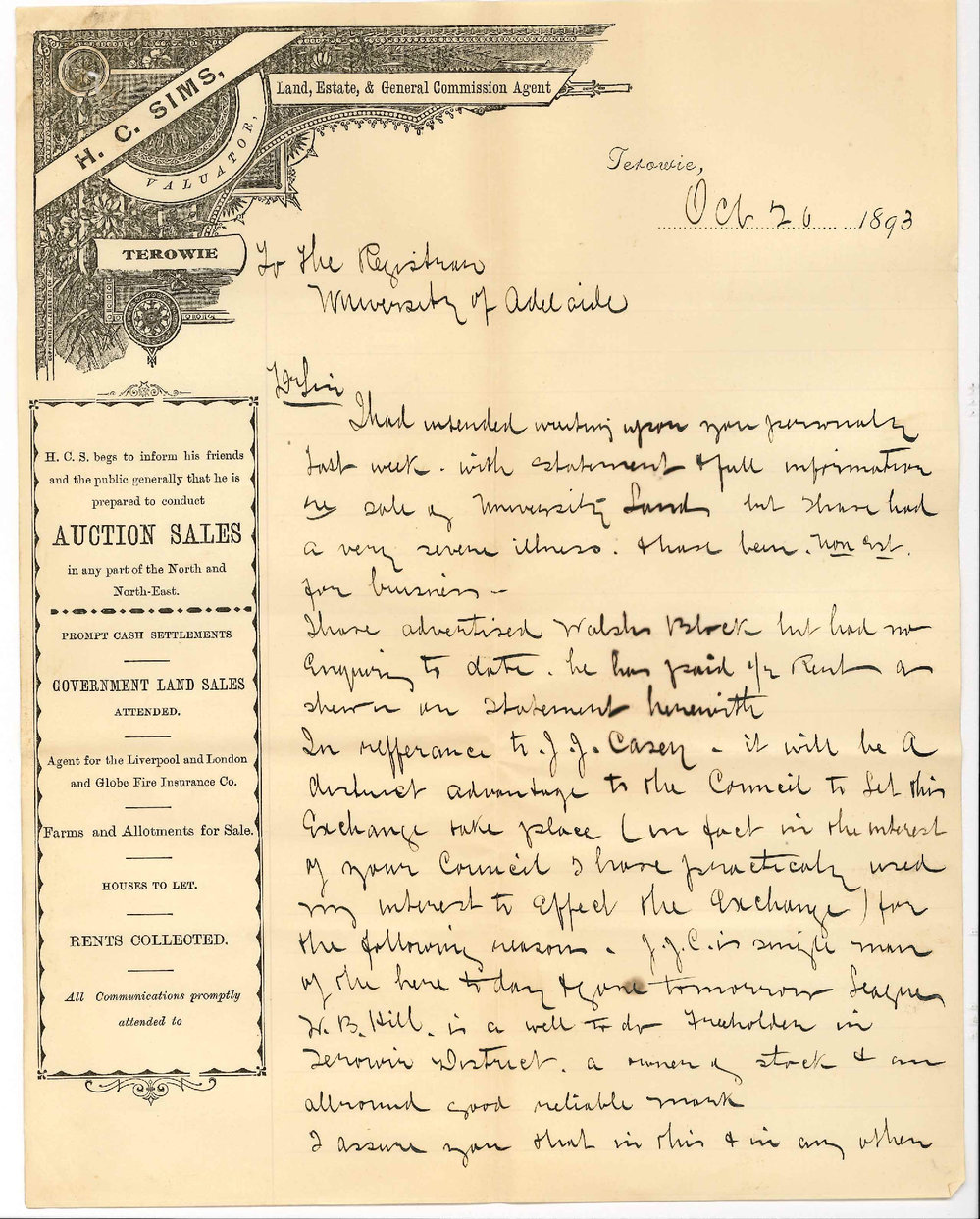 H C Sims - Terowie - Forwards Cheque for Rent Parnaroo Lands etc