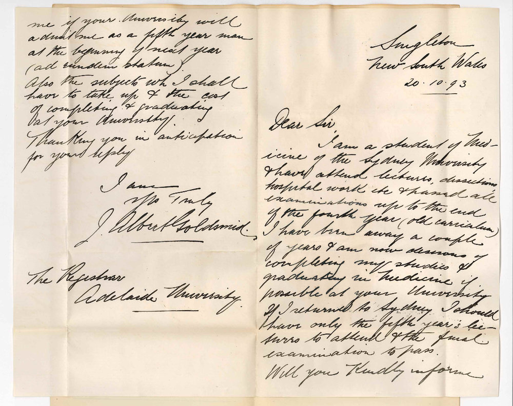 J Arthur Goldsmid - Singleton New South Wales - Regarding Admission Ad Eundem statum to MB Course