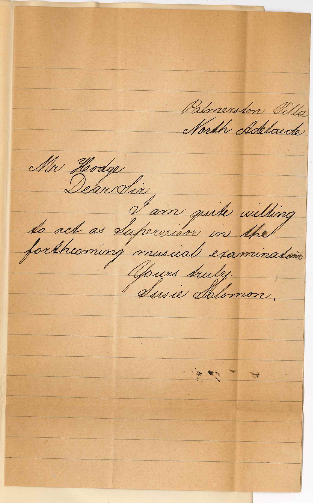 Miss Susie Solomon - North Adelaide - Will Act as Supervisor Music Exam 3 November 1893