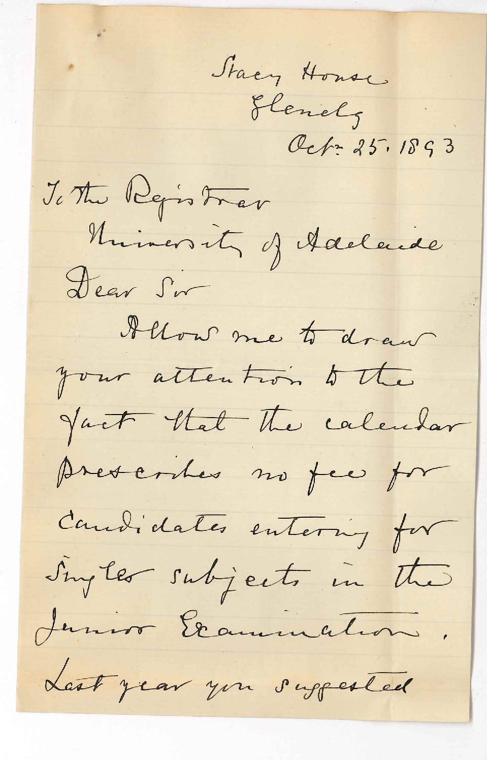 Miss A M Martin - Glenelg - Regarding Fee for Single Subjects Junior Public Exam