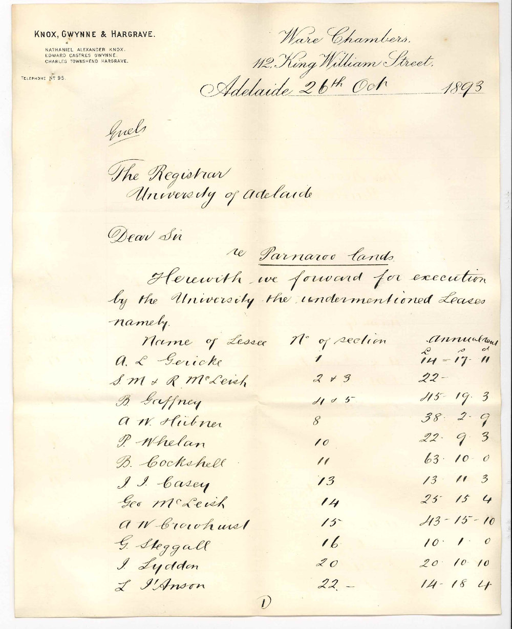 Knox Gwynne and Hargrave - King William Street Adelaide - Forward Leases of Parnaroo Lands for Execution by the University