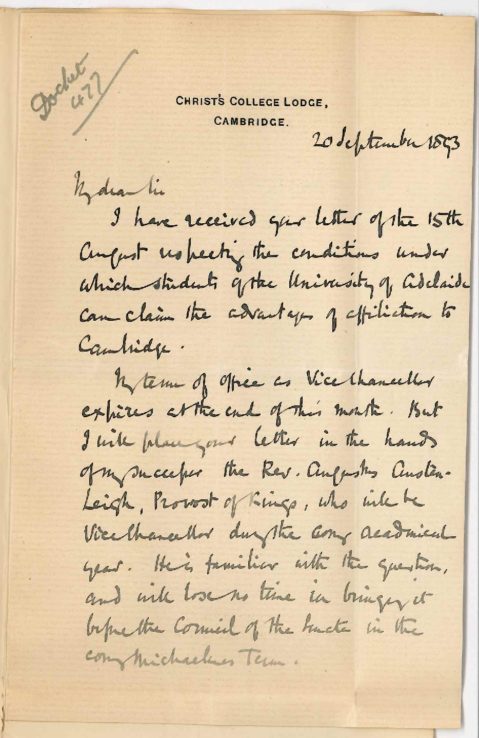 John Peile - Vice-Chancellor - University of Cambridge - Regarding Affiliation with University of Cambridge