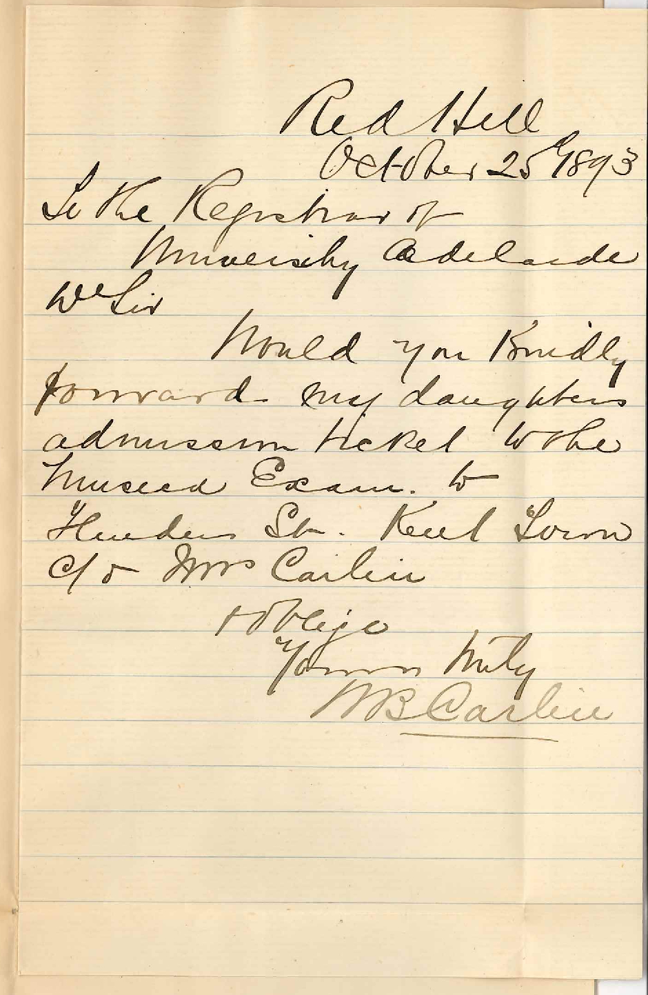 W B Carlin - Red Hill - Wishes Daughter's Music Card be Forwarded to Flinders Street Kent Town