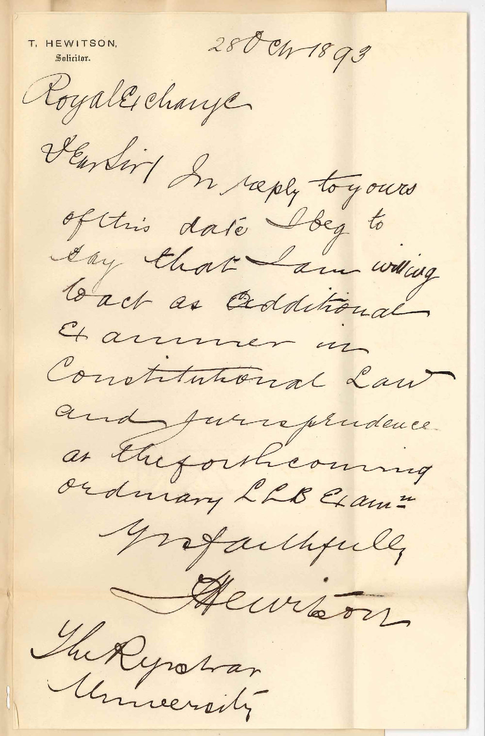 Thomas Hewitson - Royal Exchange King William Street Adelaide - Will Act as Examiner in Constitutional Law and Jurisprudence LLB degree November and March 1894