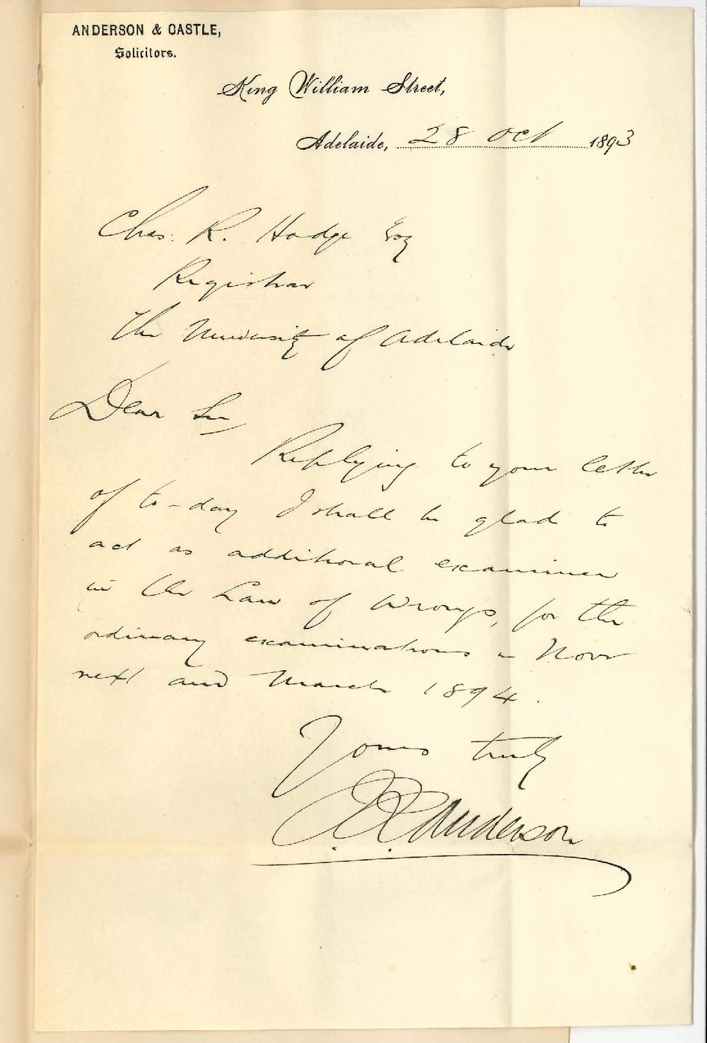 James Robert Anderson - King William Street Adelaide - Act as Examiner in Law of Wrongs LLB Degree November and March 1894