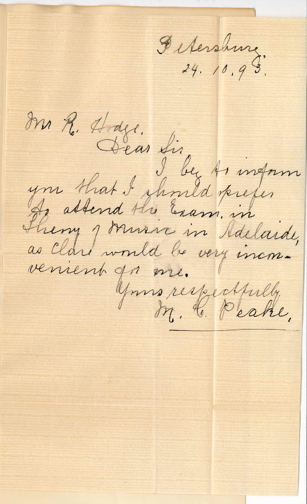 Miss M C Peake - Petersburg - Will Attend Theory of Music Exam in Adelaide
