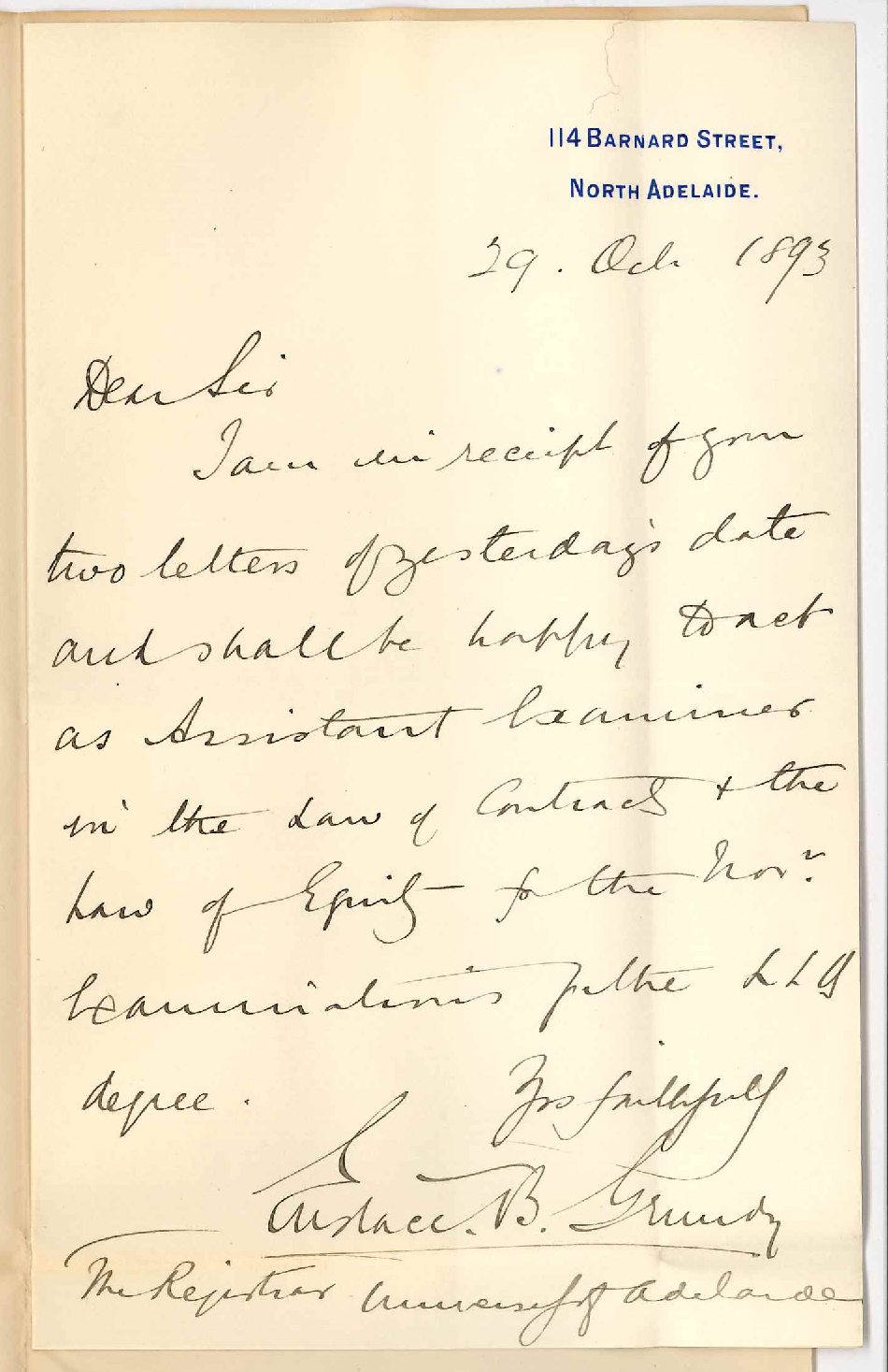 Eustace B Grundy - North Adelaide - Will Act as Examiner in Law of Contracts and Law of Equity November and March 1894