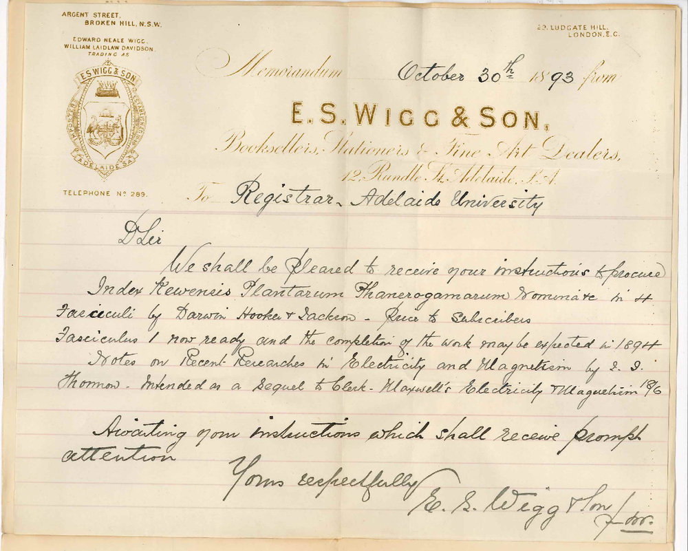 E S Wigg and Son - Rundle Street Adelaide - Requesting Orders for New Books - Submit Catalogue