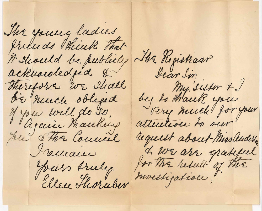 Miss Ellen Thornber - Unley Park - Thanks for Investigation of Miss Anderson and Would Like it Acknowledged in Daily Papers