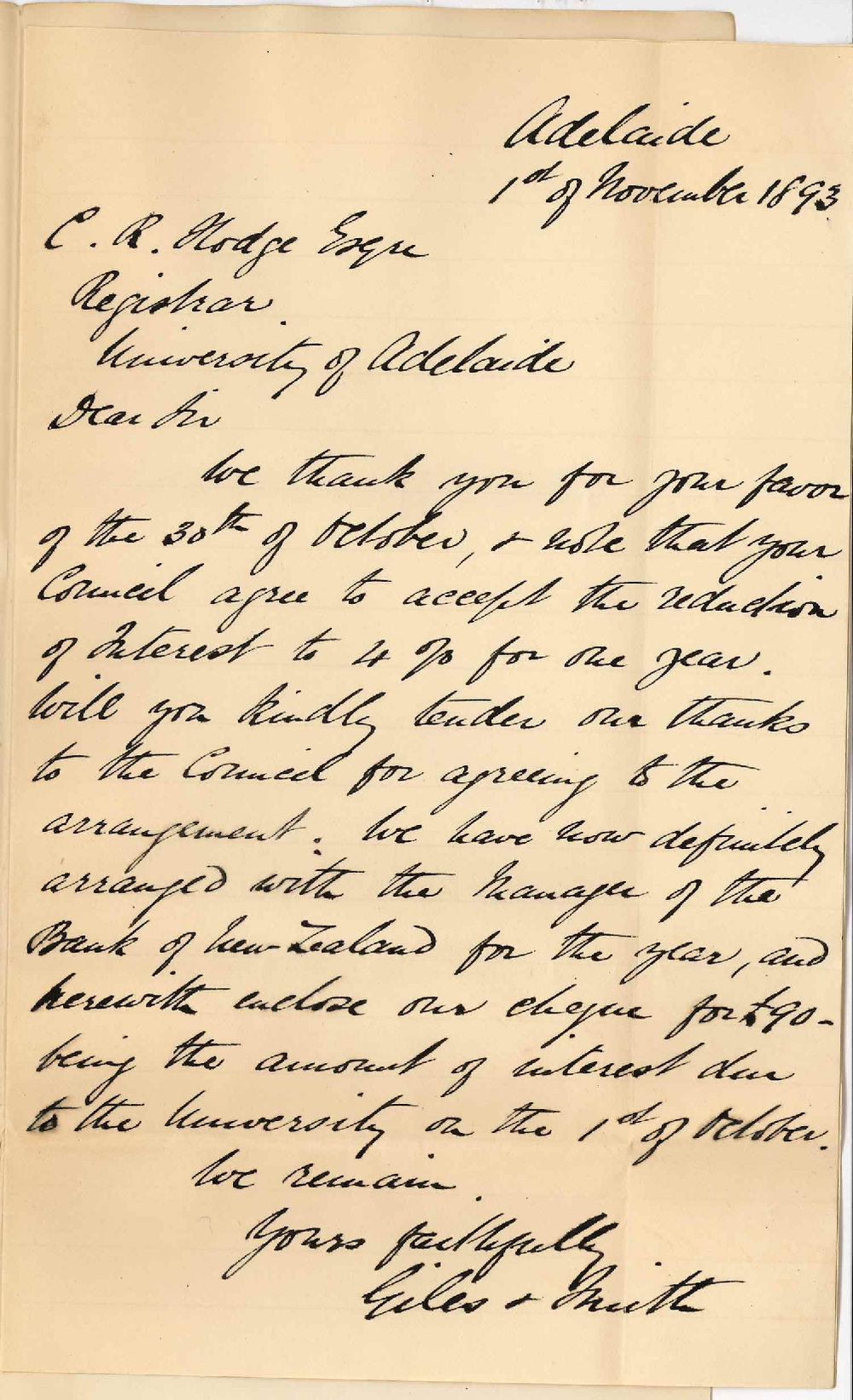 Giles and Smith - Waymouth Street Adelaide - Payment of Interest - Thanks Council for Concession Regarding Interest for 1894