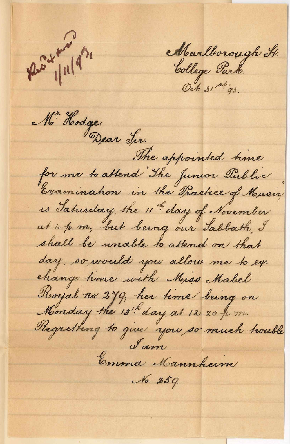 Miss Emma Mannheim - College Park - Change of Time Junior Practice of Music Exam November 1893