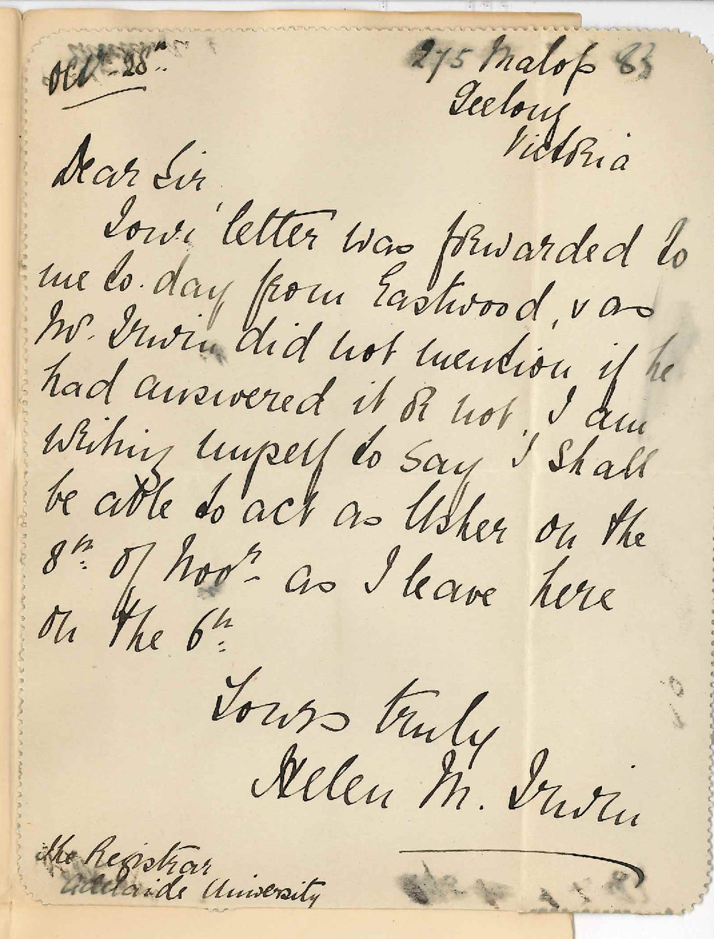 Mrs Helen M Irwin - Geelong Victoria - Will Act as Usher for the Practice of Music Exam November 1893