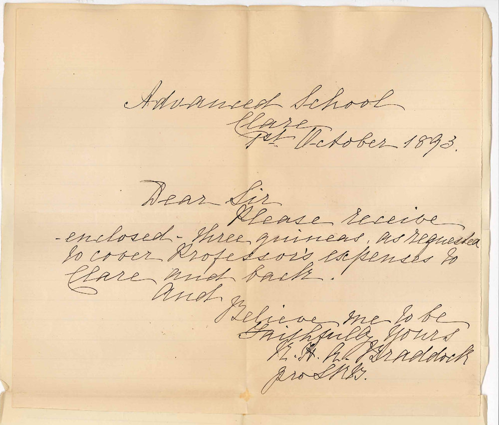 R H A Braddock - Advanced School Clare - Forwarding &pound;3-3 Expenses Music Exam Clare November 1893