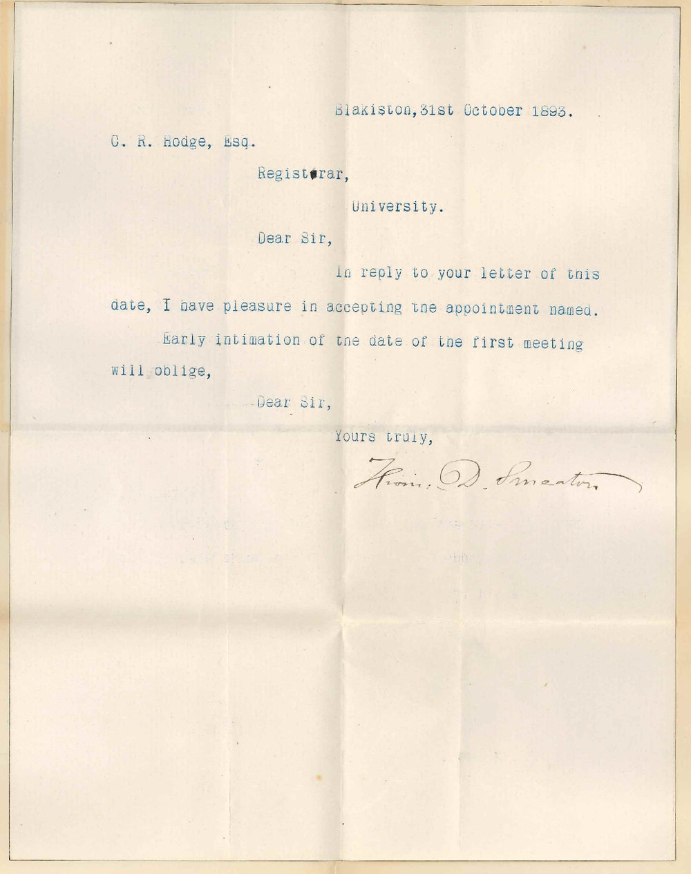 Thomas D Smeaton - Blakiston - Act as Member Board of Examiners November 1893