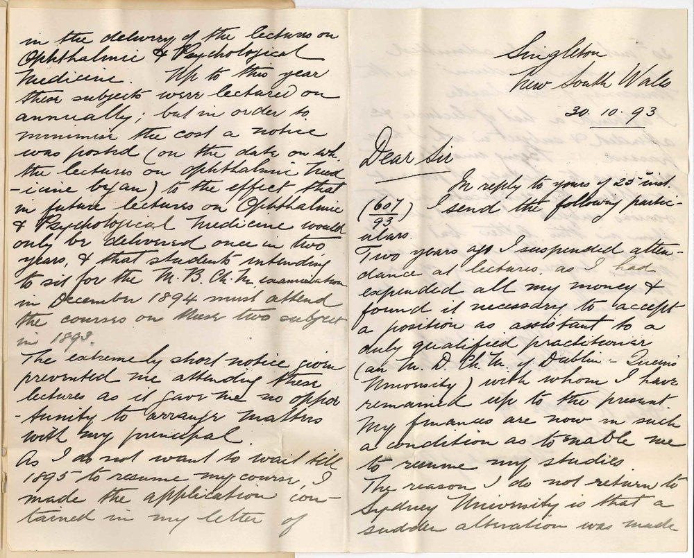J Arthur Goldsmid - Singleton New South Wales - Particulars of Lectures Attended and Certificates Received MB Course University of Sydney