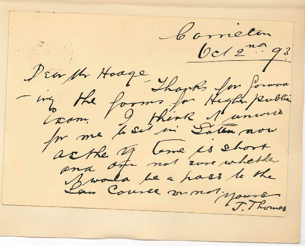 Reverend Joseph Thomas - Carrieton - Will Not Sit for Latin Higher Public Exam 1893 as Not Sure Whether it is Pass to Law Course