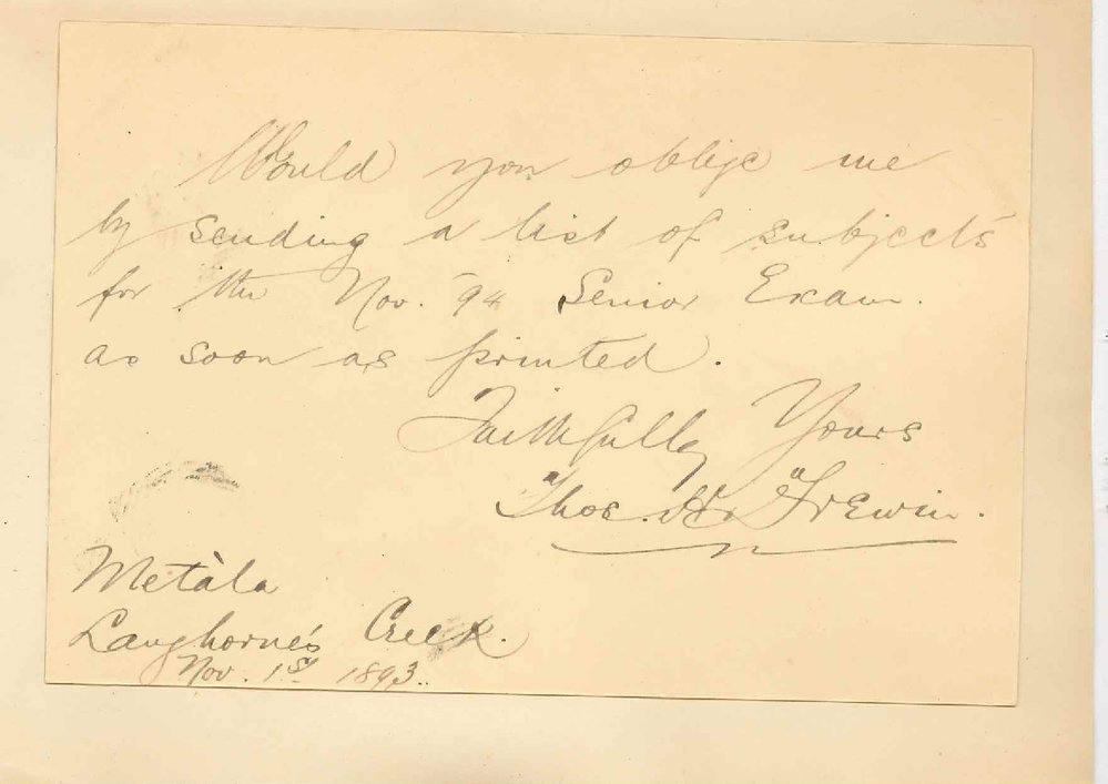 Thomas A Frewin - Metala Langhornes Creek - Details of Subjects Senior Public Examination November 1894