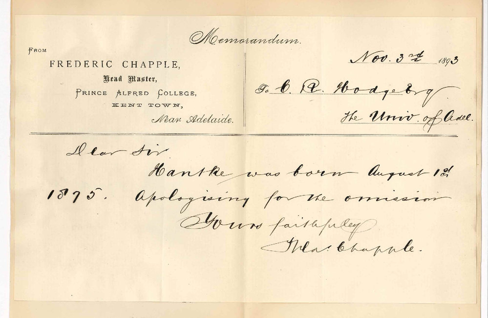 Frederic Chapple - Prince Alfred College - Hantke Born on 1 August 1875