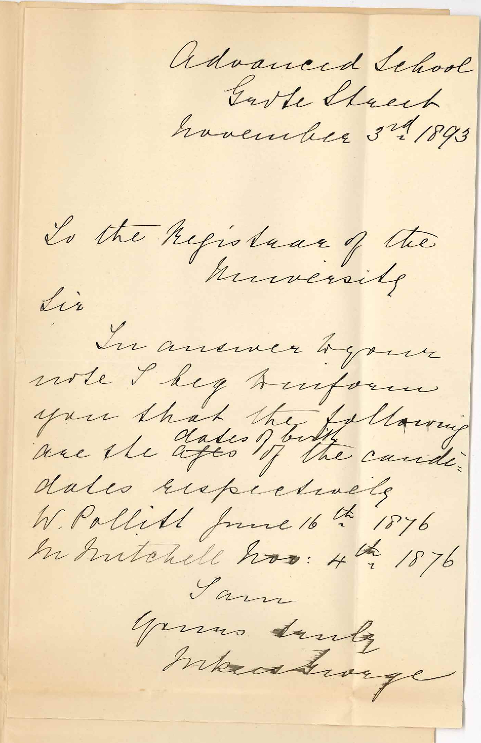 Miss M George - Advanced School - Grote Street Adelaide- Dates of Birth of Candidates Junior Public Exam 1893